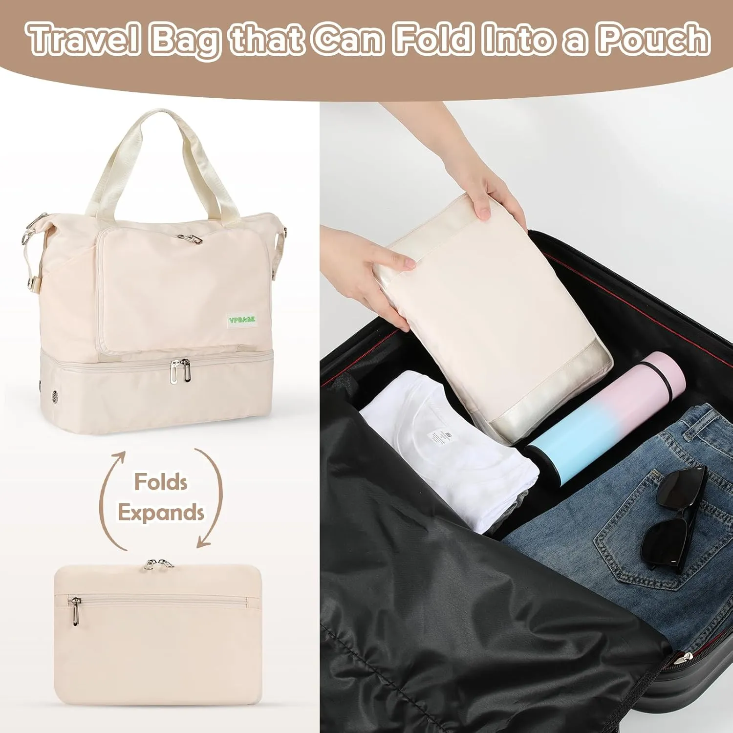 Foldable Travel Duffel Bag for Women, Water Resistant Personal Item/Carry Bag, Overnight Weekender Bag with Wet Compartment