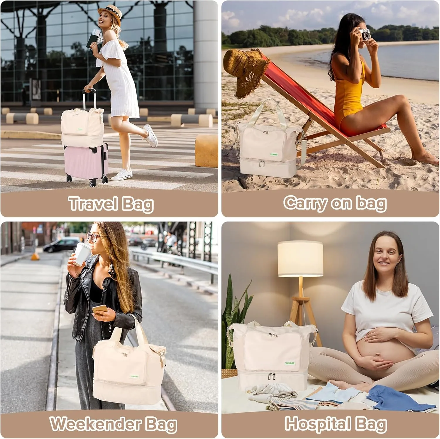 Foldable Travel Duffel Bag for Women, Water Resistant Personal Item/Carry Bag, Overnight Weekender Bag with Wet Compartment