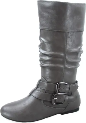 Forever Sonny-54 Women's Stylish Round Toe Buckle Zipper Slouchy Mid-Calf Riding Boots Shoes