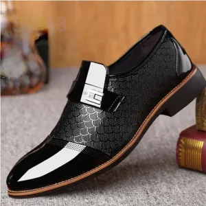 Formal Shoes for Men Slip On Round Cap Toe Patent Leather Low Top Anti-Slip Non Slip Block Heel Slip Resistant Casual