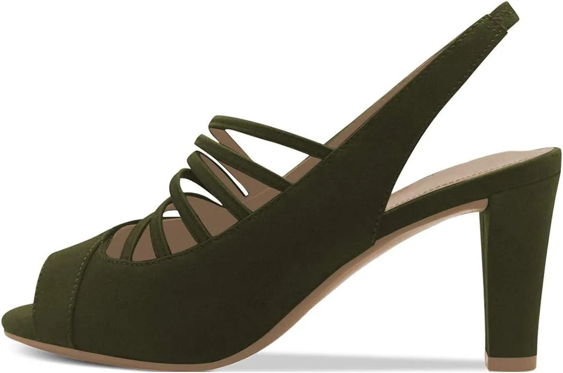 FOWT Women Fashion Peep Toe Slip on Sling Back Pumps Stylish High Chunky Heels Dress Office Shoes Size 4-15 M US