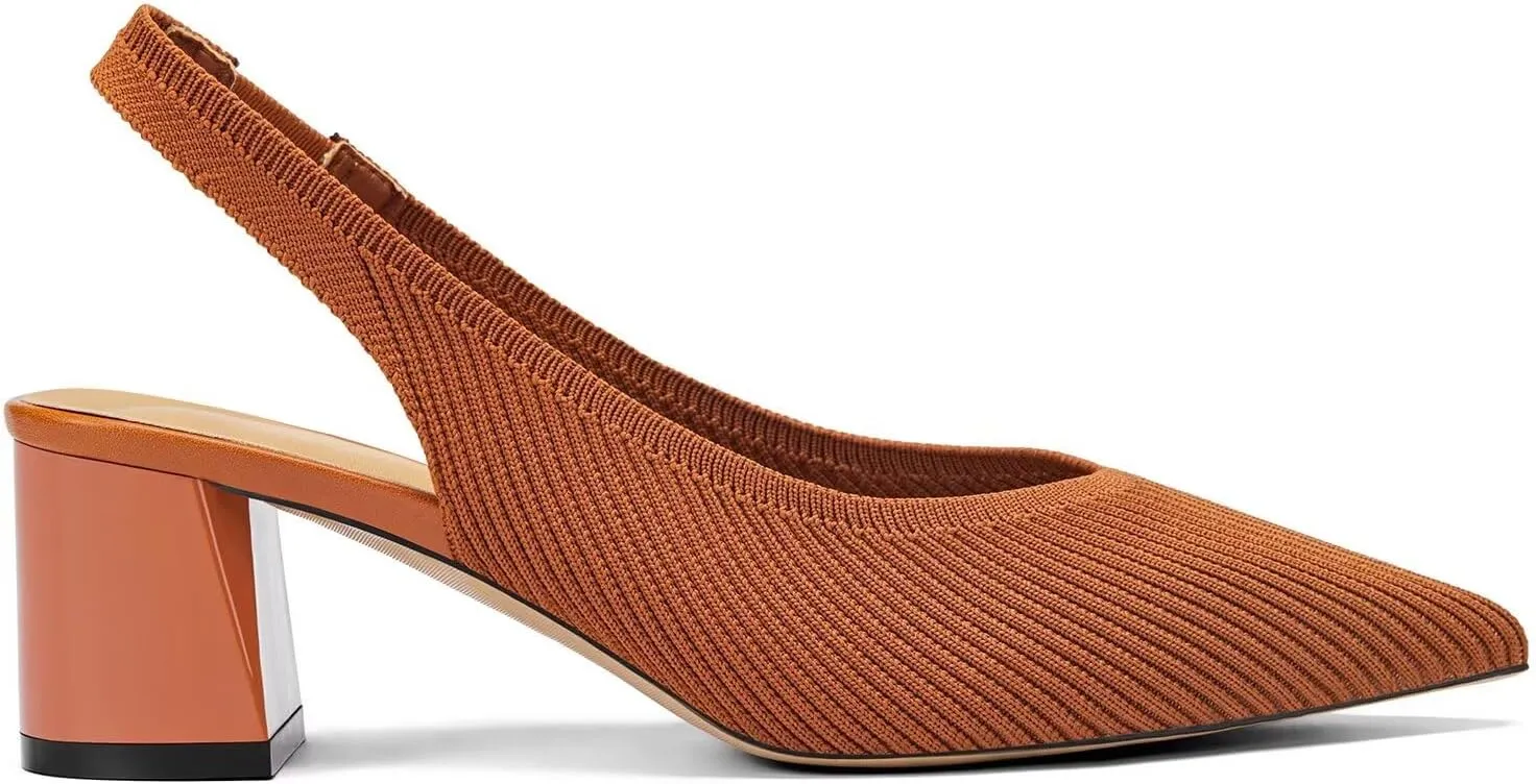 Frank Mully Women's Slingback Heels Pointed Toe Work Pumps Comfortable Chunky Pumps Knitted Closed Toe Stylish Dressy Shoes