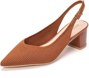 Frank Mully Women's Slingback Heels Pointed Toe Work Pumps Comfortable Chunky Pumps Knitted Closed Toe Stylish Dressy Shoes