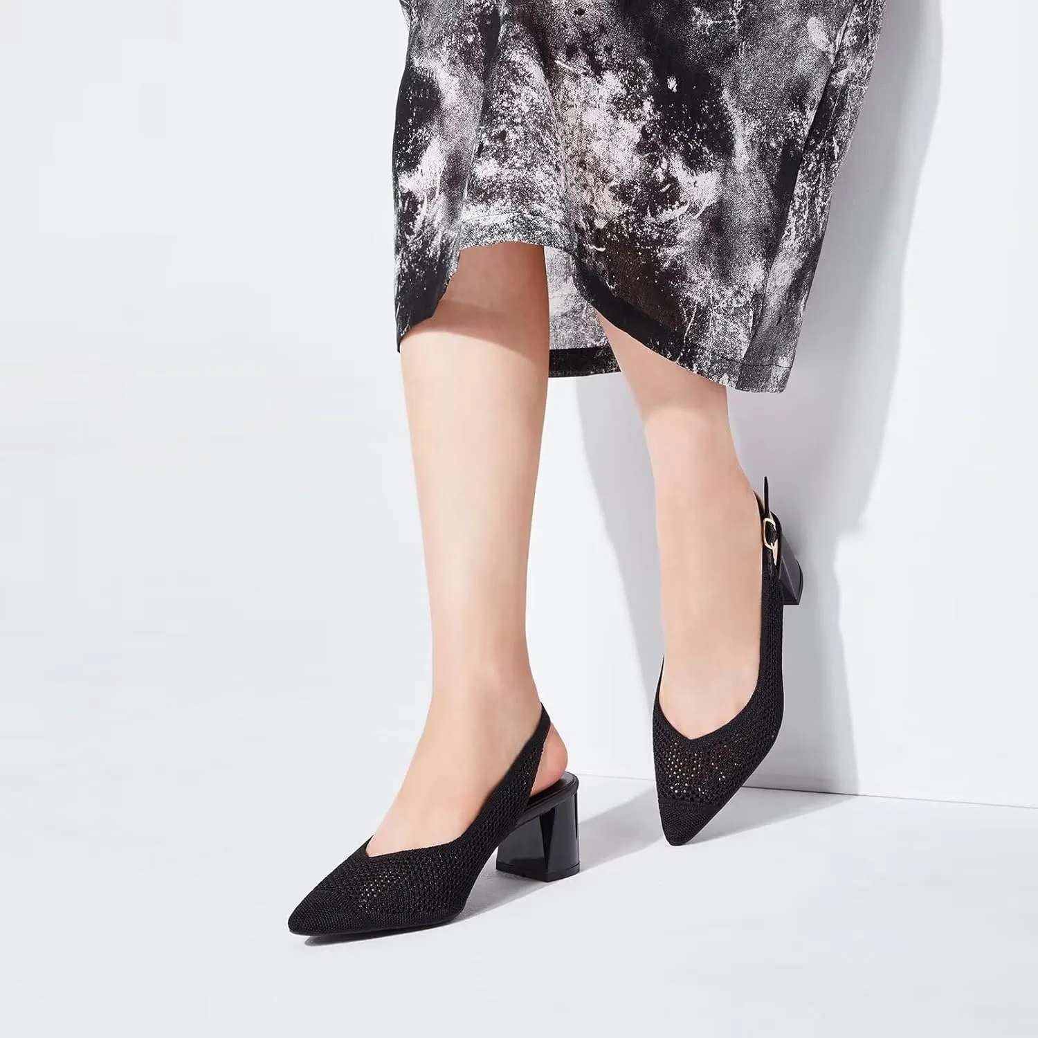 Frank Mully Women's Slingback Heels Pointed Toe Work Pumps Comfortable Chunky Pumps Knitted Closed Toe Stylish Dressy Shoes