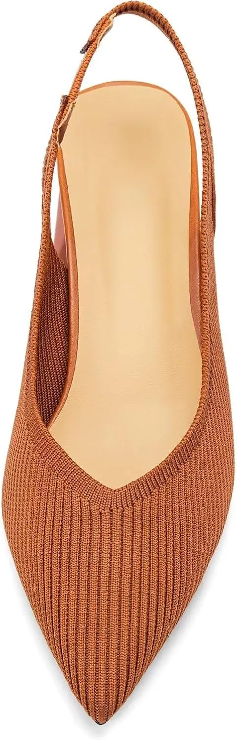 Frank Mully Women's Slingback Heels Pointed Toe Work Pumps Comfortable Chunky Pumps Knitted Closed Toe Stylish Dressy Shoes