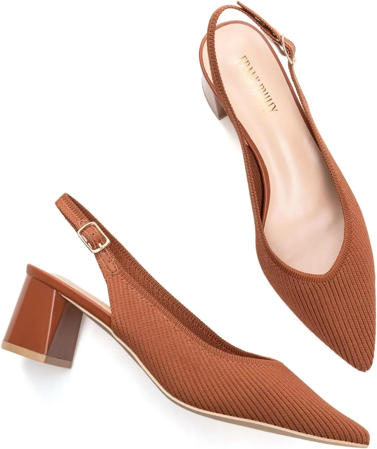 Frank Mully Women's Slingback Heels Pointed Toe Work Pumps Comfortable Chunky Pumps Knitted Closed Toe Stylish Dressy Shoes