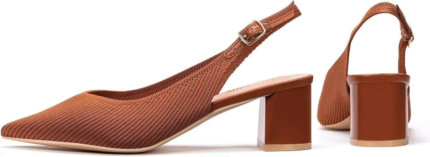 Frank Mully Women's Slingback Heels Pointed Toe Work Pumps Comfortable Chunky Pumps Knitted Closed Toe Stylish Dressy Shoes