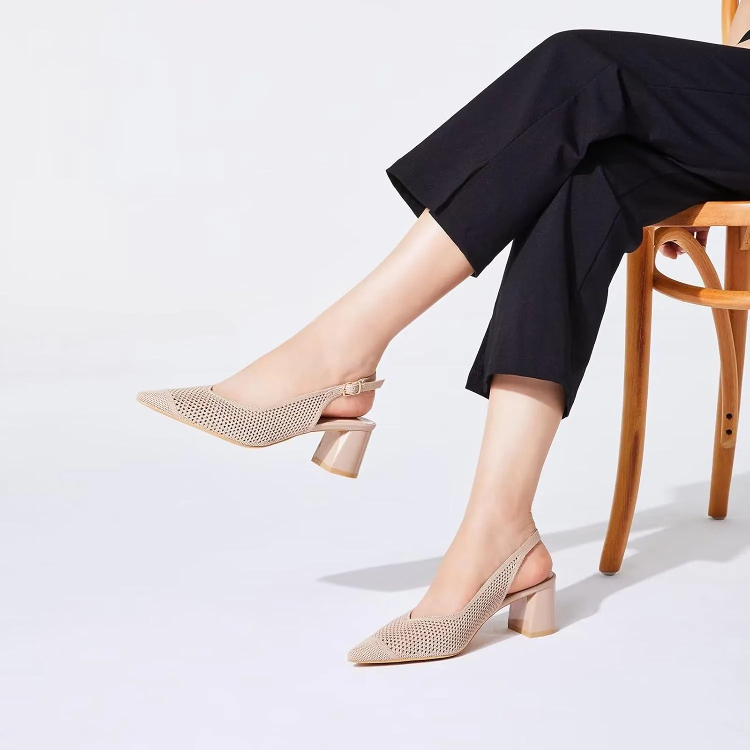 Frank Mully Women's Slingback Heels Pointed Toe Work Pumps Comfortable Chunky Pumps Knitted Closed Toe Stylish Dressy Shoes