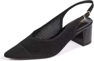 Frank Mully Women's Slingback Heels Pointed Toe Work Pumps Comfortable Chunky Pumps Knitted Closed Toe Stylish Dressy Shoes