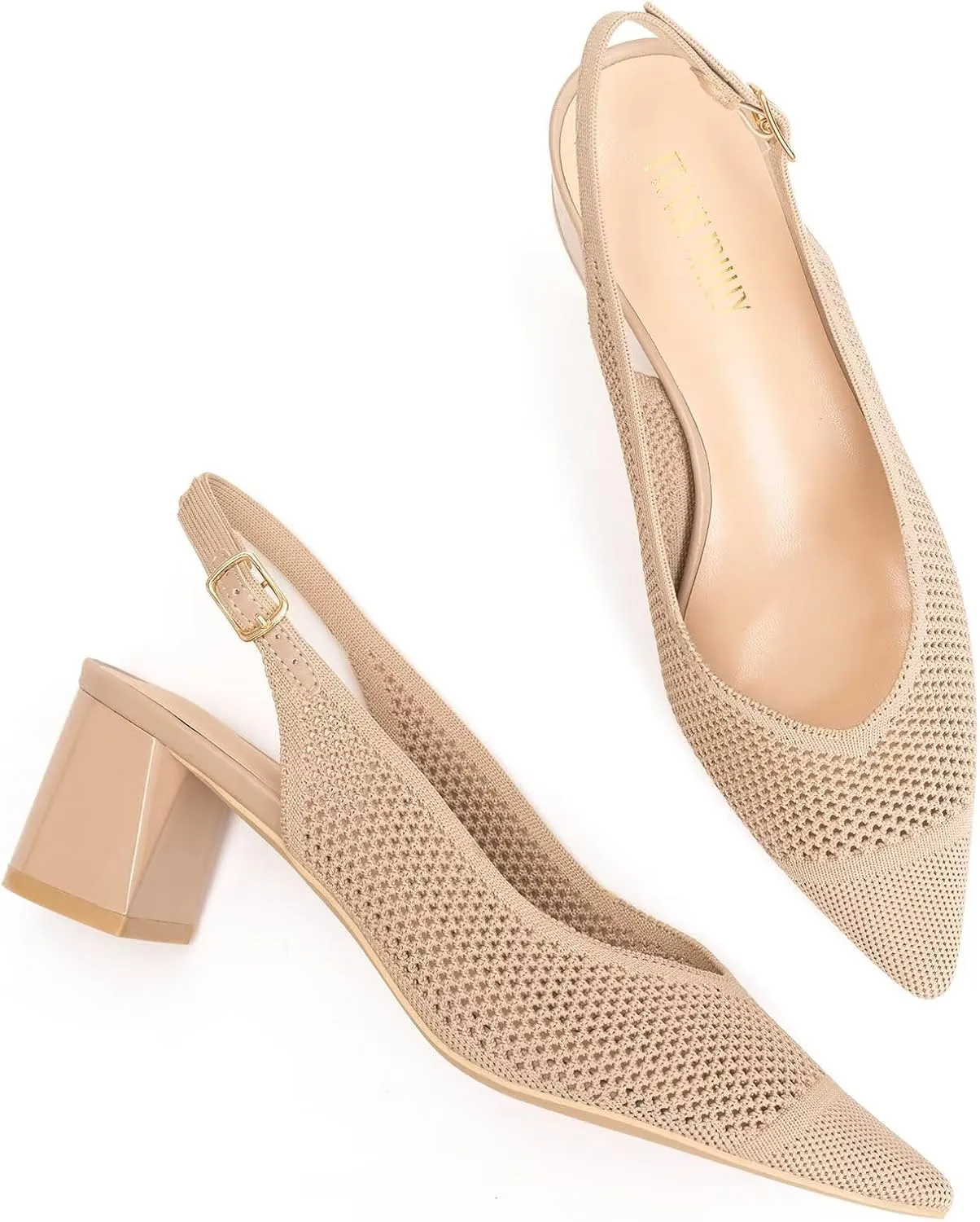 Frank Mully Women's Slingback Heels Pointed Toe Work Pumps Comfortable Chunky Pumps Knitted Closed Toe Stylish Dressy Shoes