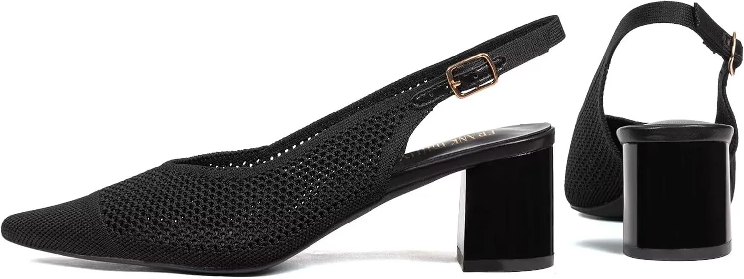 Frank Mully Women's Slingback Heels Pointed Toe Work Pumps Comfortable Chunky Pumps Knitted Closed Toe Stylish Dressy Shoes