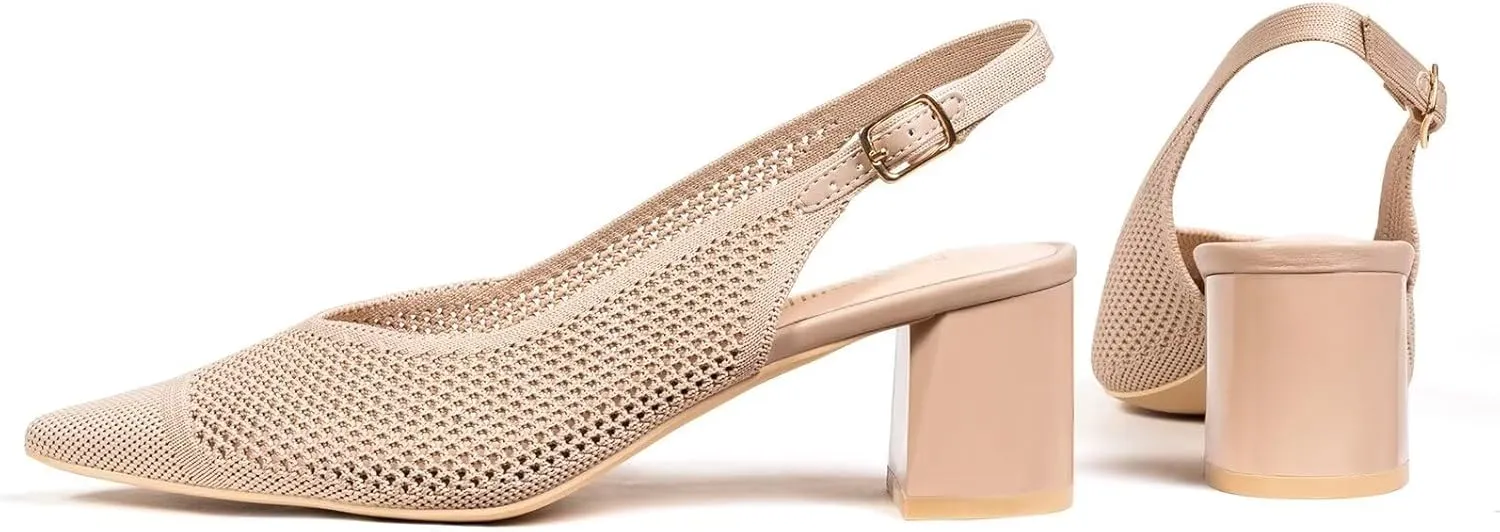 Frank Mully Women's Slingback Heels Pointed Toe Work Pumps Comfortable Chunky Pumps Knitted Closed Toe Stylish Dressy Shoes