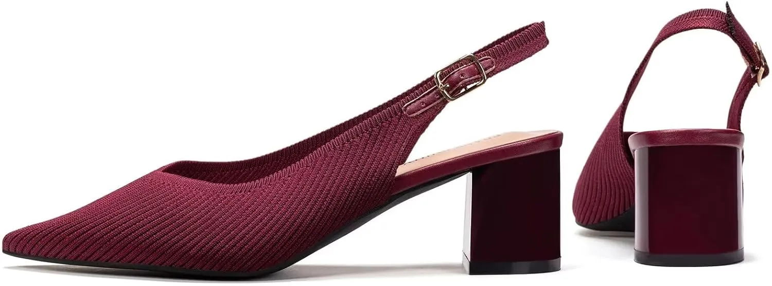 Frank Mully Women's Slingback Heels Pointed Toe Work Pumps Comfortable Chunky Pumps Knitted Closed Toe Stylish Dressy Shoes