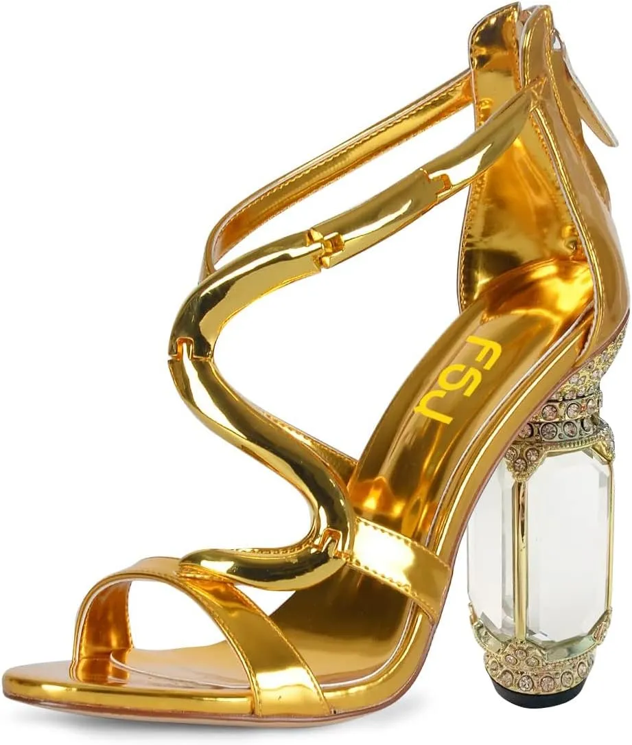 FSJ Women Open Toe Stylish Sandal Ankle Strap Chunky Block High Thick Heels Wedding Party Ballroom Prom Shoes US Size 4-15 US