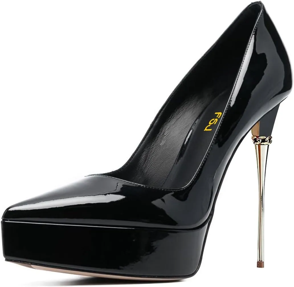 FSJ Women Sexy Platform Pumps Pointed Toe Metal Stiletto Slip On High Heel Stylish Party Wedding Dress Shoes Size 4-16 US