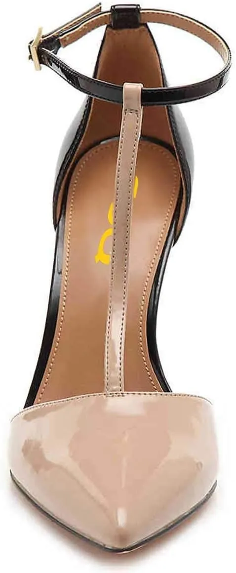 FSJ Women Sexy T-Straps High Heel Closed Pointed Toe Pumps Stylish Ankle Straps Office Dress Party Shoes with Buckle Size 4-15 US