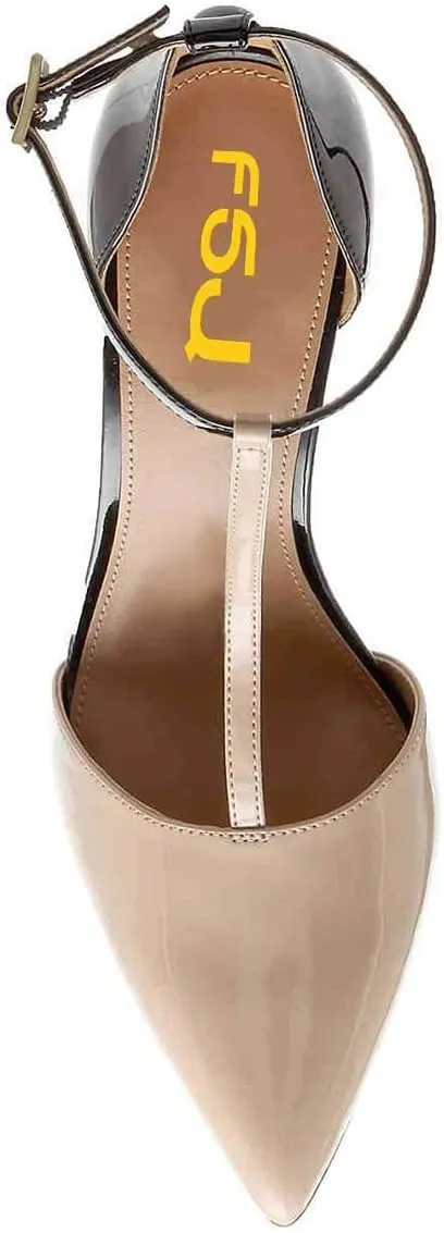FSJ Women Sexy T-Straps High Heel Closed Pointed Toe Pumps Stylish Ankle Straps Office Dress Party Shoes with Buckle Size 4-15 US