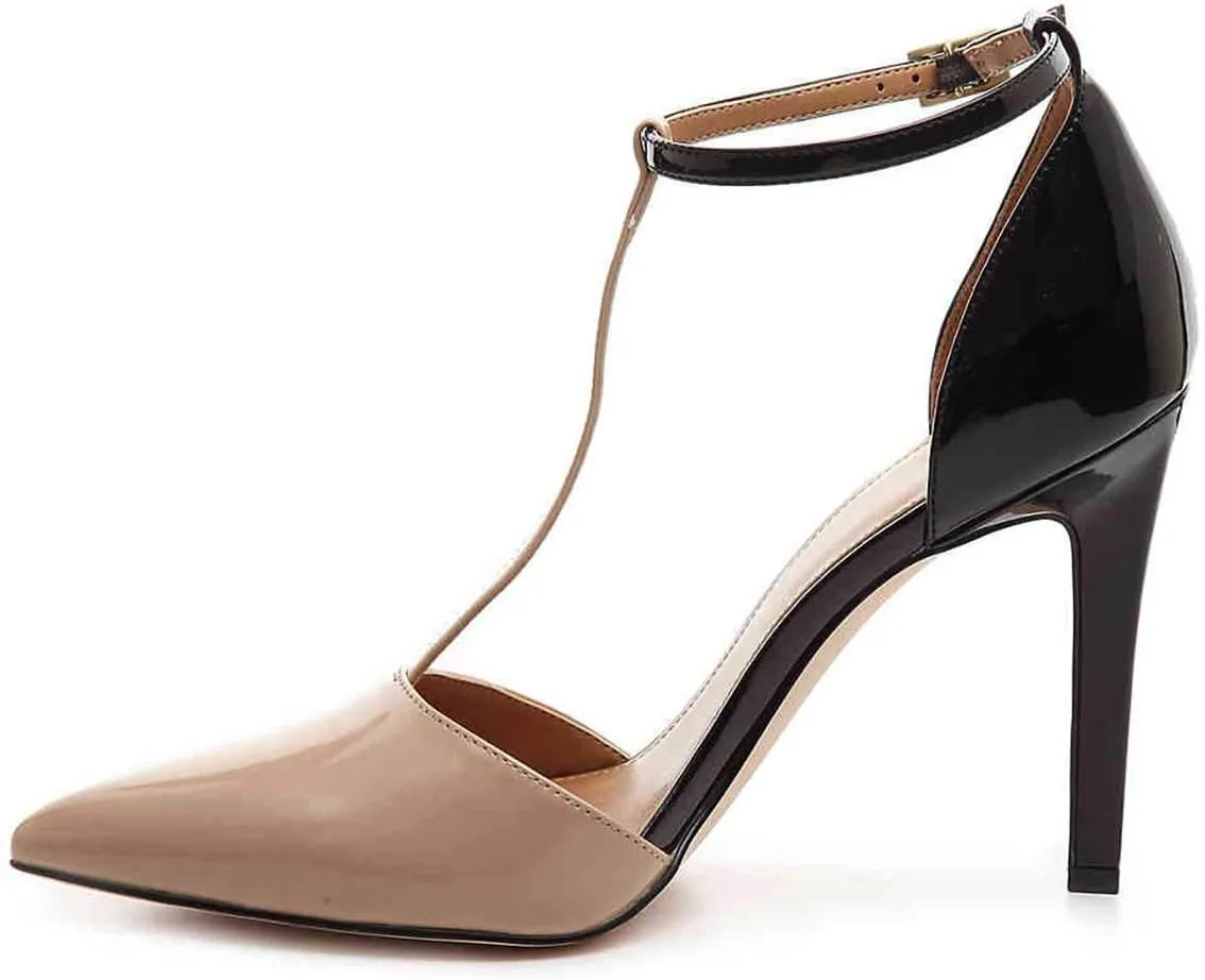 FSJ Women Sexy T-Straps High Heel Closed Pointed Toe Pumps Stylish Ankle Straps Office Dress Party Shoes with Buckle Size 4-15 US