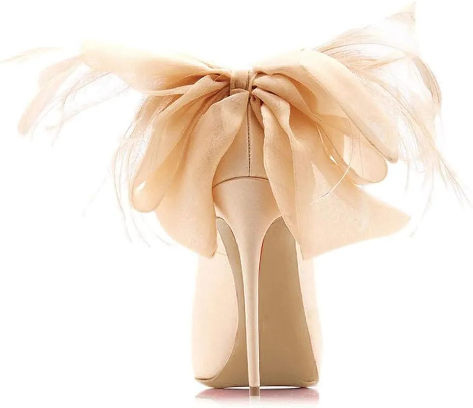 FSJ Women Stylish Peep Toe Pumps with Platform High Heels Stilettos Beauty Mesh Feather Flower Bowknot Decor Slip On Party Dress Bridal Shoes Size 4-15 US