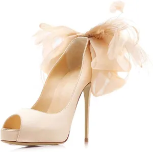 FSJ Women Stylish Peep Toe Pumps with Platform High Heels Stilettos Beauty Mesh Feather Flower Bowknot Decor Slip On Party Dress Bridal Shoes Size 4-15 US