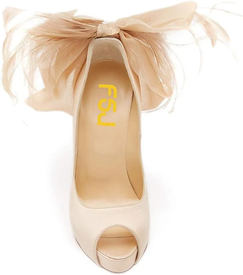 FSJ Women Stylish Peep Toe Pumps with Platform High Heels Stilettos Beauty Mesh Feather Flower Bowknot Decor Slip On Party Dress Bridal Shoes Size 4-15 US