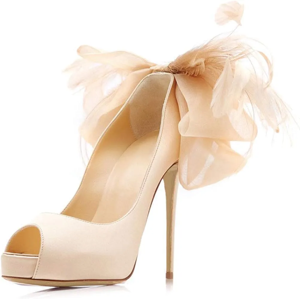 FSJ Women Stylish Peep Toe Pumps with Platform High Heels Stilettos Beauty Mesh Feather Flower Bowknot Decor Slip On Party Dress Bridal Shoes Size 4-15 US