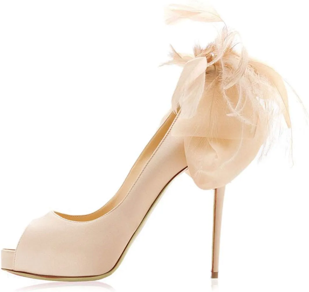 FSJ Women Stylish Peep Toe Pumps with Platform High Heels Stilettos Beauty Mesh Feather Flower Bowknot Decor Slip On Party Dress Bridal Shoes Size 4-15 US