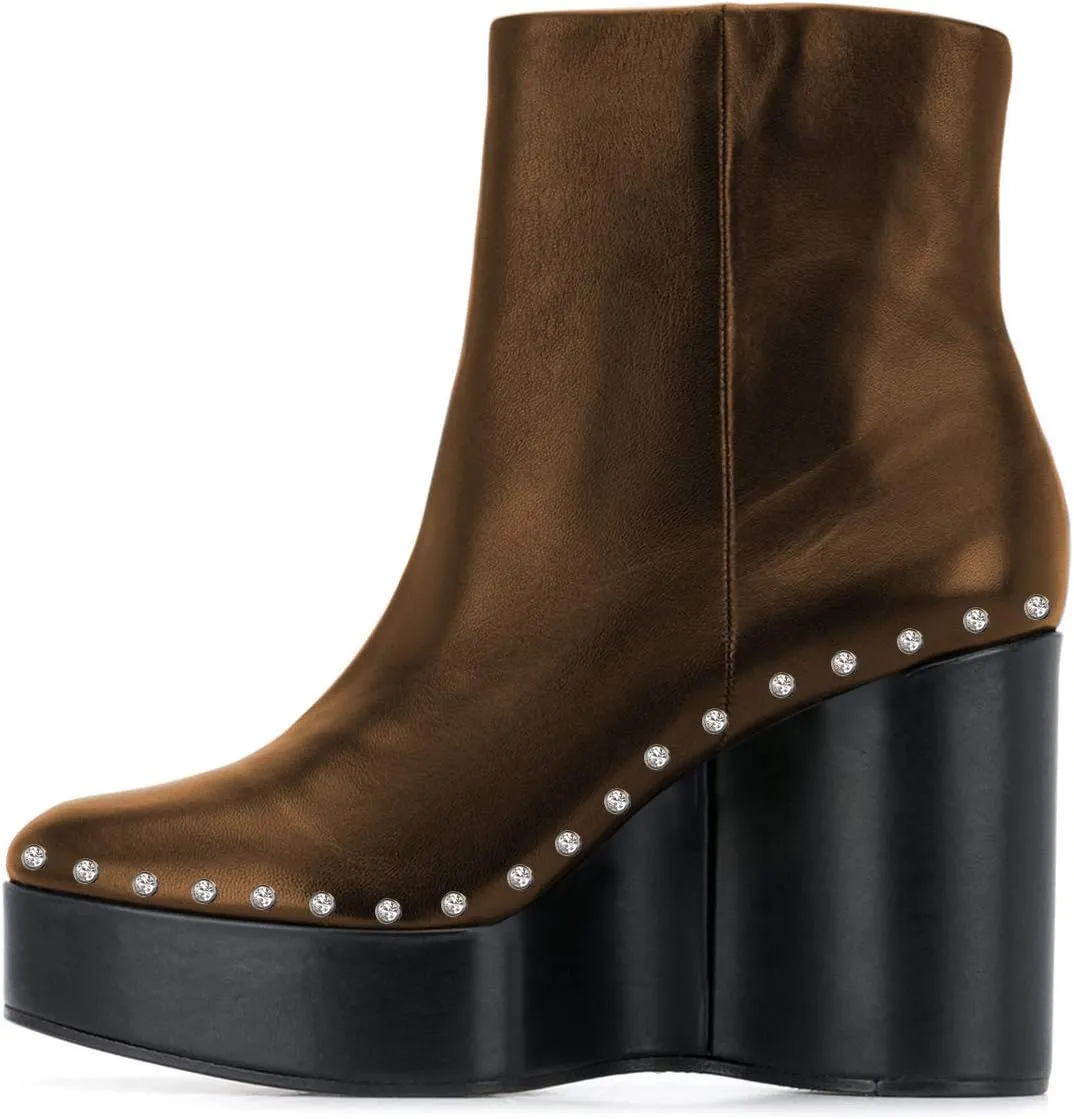 FSJ Women Stylish Studded Rhinestones Ankle Booties Platform Wedge High Heels Closed Toe Short Boots With Side Zipper Ladies Dress Party Shoes Size 4-15 US