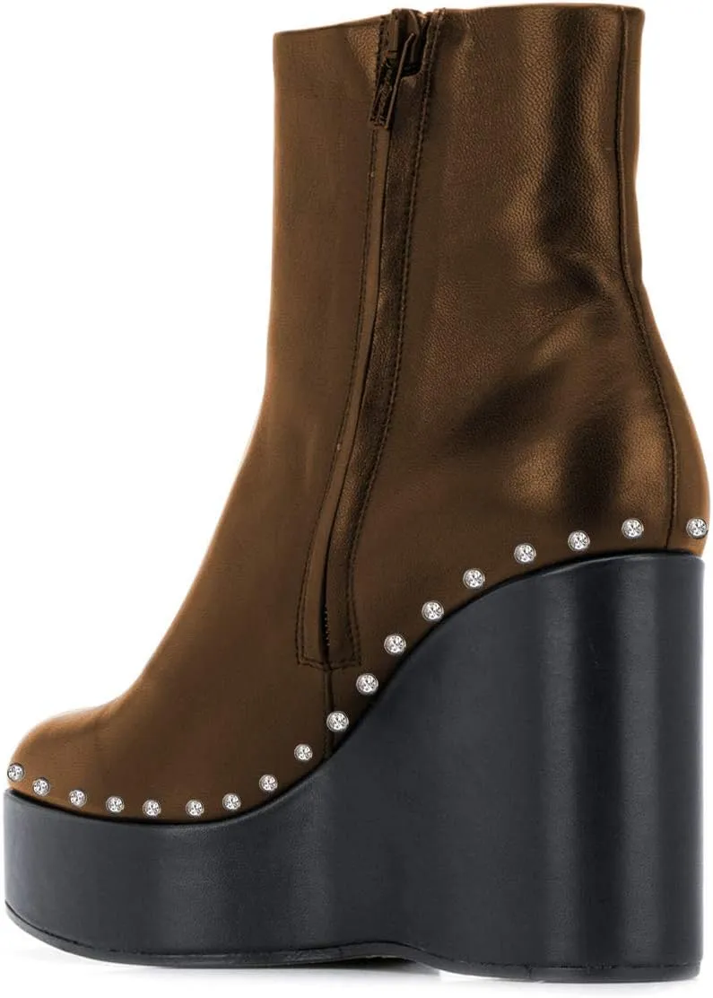 FSJ Women Stylish Studded Rhinestones Ankle Booties Platform Wedge High Heels Closed Toe Short Boots With Side Zipper Ladies Dress Party Shoes Size 4-15 US