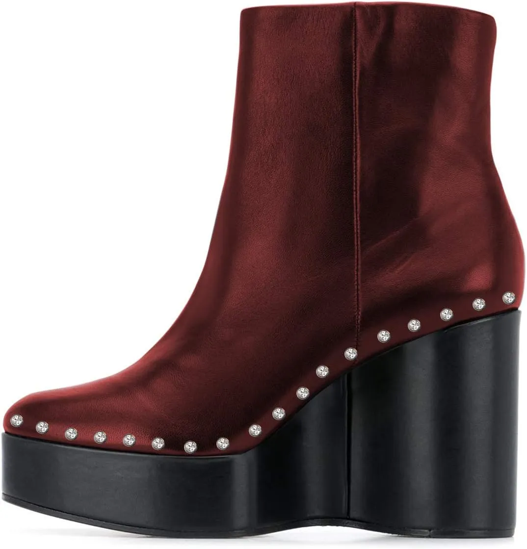 FSJ Women Stylish Studded Rhinestones Ankle Booties Platform Wedge High Heels Closed Toe Short Boots With Side Zipper Ladies Dress Party Shoes Size 4-15 US