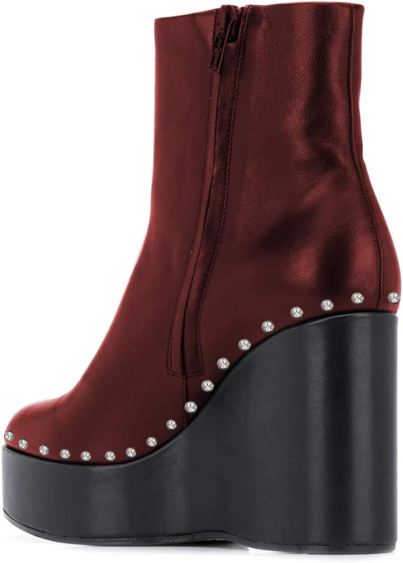 FSJ Women Stylish Studded Rhinestones Ankle Booties Platform Wedge High Heels Closed Toe Short Boots With Side Zipper Ladies Dress Party Shoes Size 4-15 US