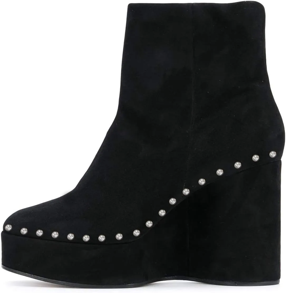 FSJ Women Stylish Studded Rhinestones Ankle Booties Platform Wedge High Heels Closed Toe Short Boots With Side Zipper Ladies Dress Party Shoes Size 4-15 US