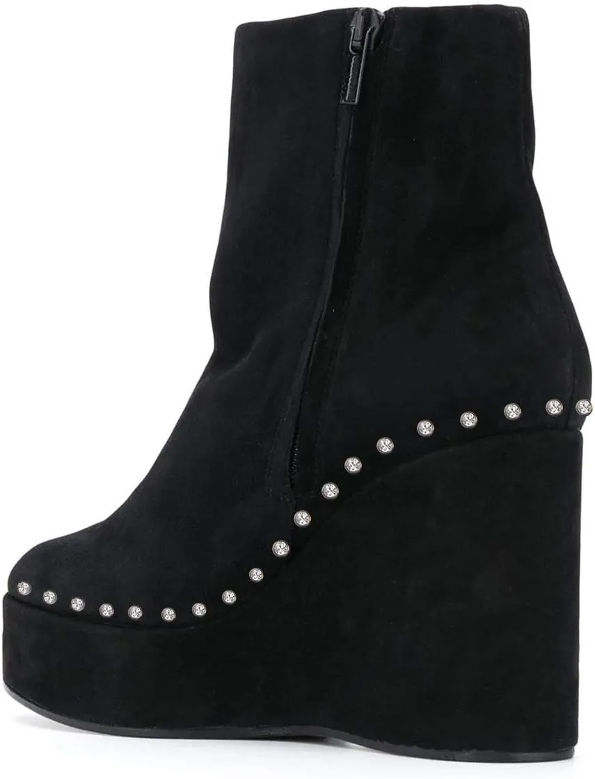 FSJ Women Stylish Studded Rhinestones Ankle Booties Platform Wedge High Heels Closed Toe Short Boots With Side Zipper Ladies Dress Party Shoes Size 4-15 US