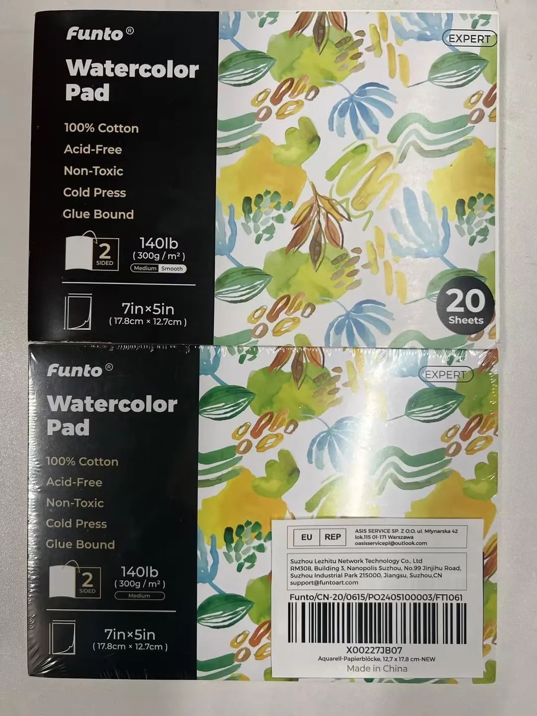Funto Watercolor Pads, 2 Packs, 100% Cotton, 20 Sheets Each, 7x5, 140lb/300gsm, Glue Bound, Easy Tear Heavyweight Art Paper for Painting