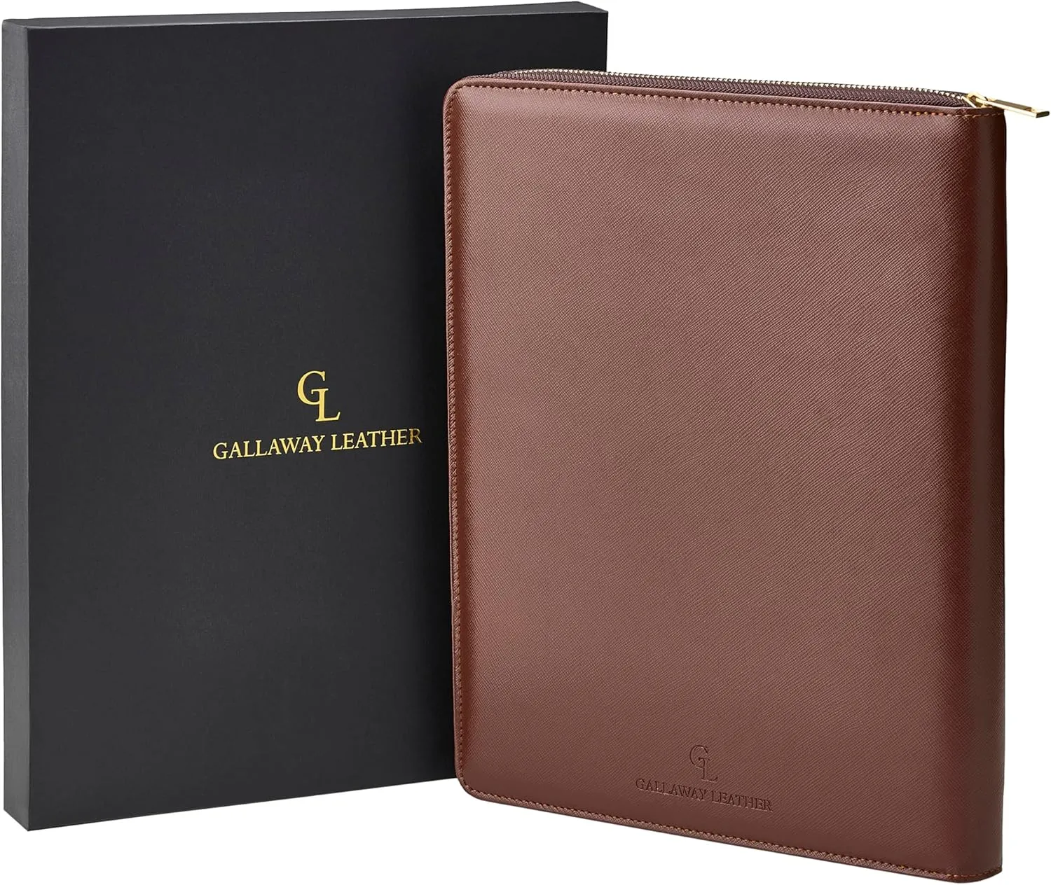 Gallaway Leather Genuine Leather Zippered Portfolio Organizer, Executive Business Binder Padfolio for Men and Women, Holder for Notebook Planner,Resume,Documents,Cards and iPad (Brown)