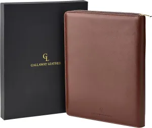 Gallaway Leather Genuine Leather Zippered Portfolio Organizer, Executive Business Binder Padfolio for Men and Women, Holder for Notebook Planner,Resume,Documents,Cards and iPad (Brown)