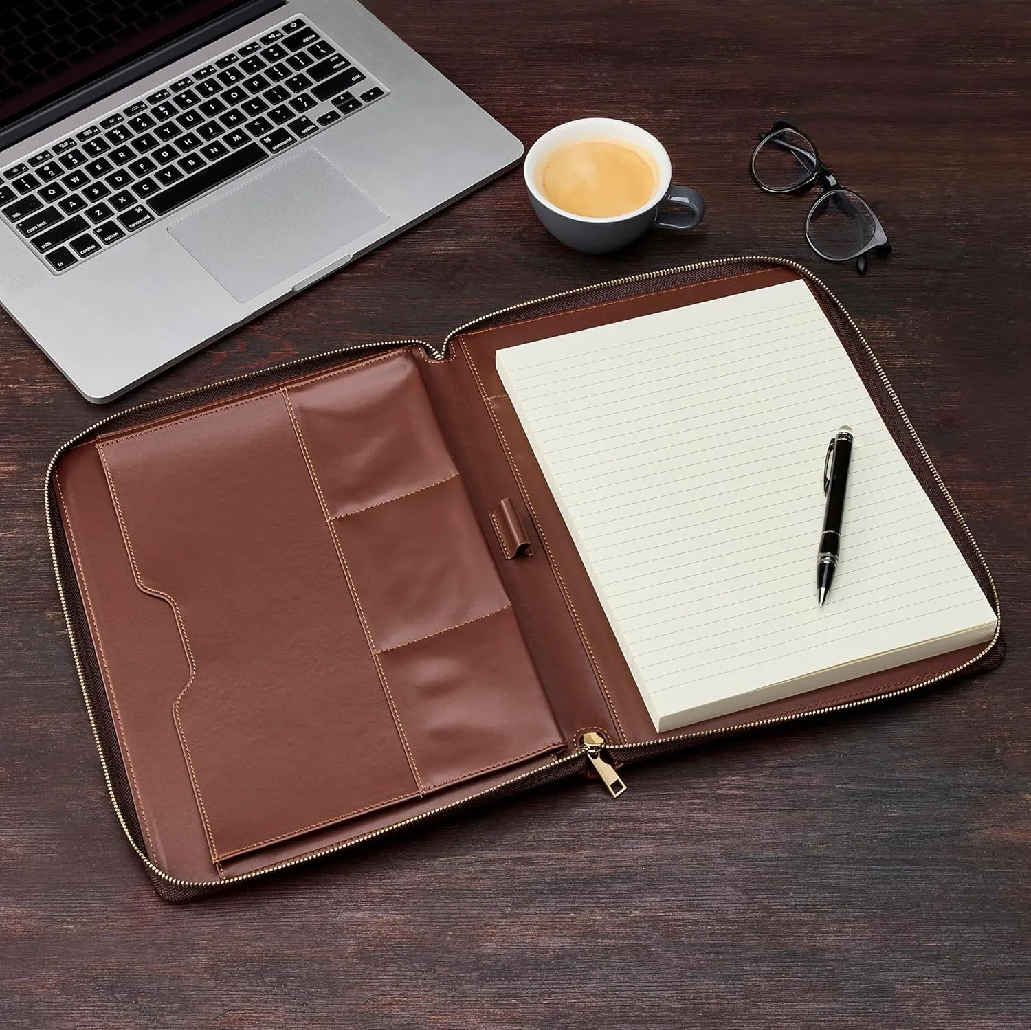Gallaway Leather Genuine Leather Zippered Portfolio Organizer, Executive Business Binder Padfolio for Men and Women, Holder for Notebook Planner,Resume,Documents,Cards and iPad (Brown)