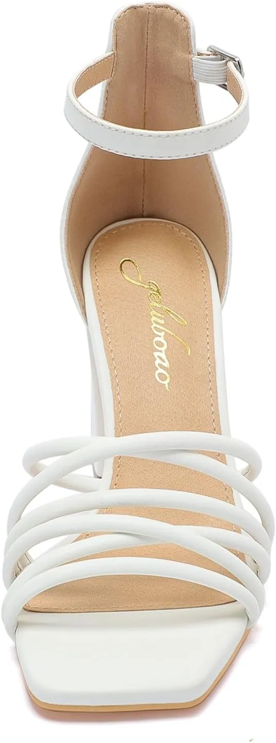 geluboao Heels for Women Strappy Lace Up Chunky Block High Heeled Sandals Square Open Toe Ankle Buckle Strap Sandals Wedding Party Dress Heels