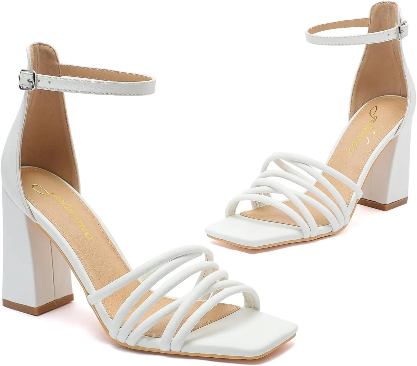 geluboao Heels for Women Strappy Lace Up Chunky Block High Heeled Sandals Square Open Toe Ankle Buckle Strap Sandals Wedding Party Dress Heels