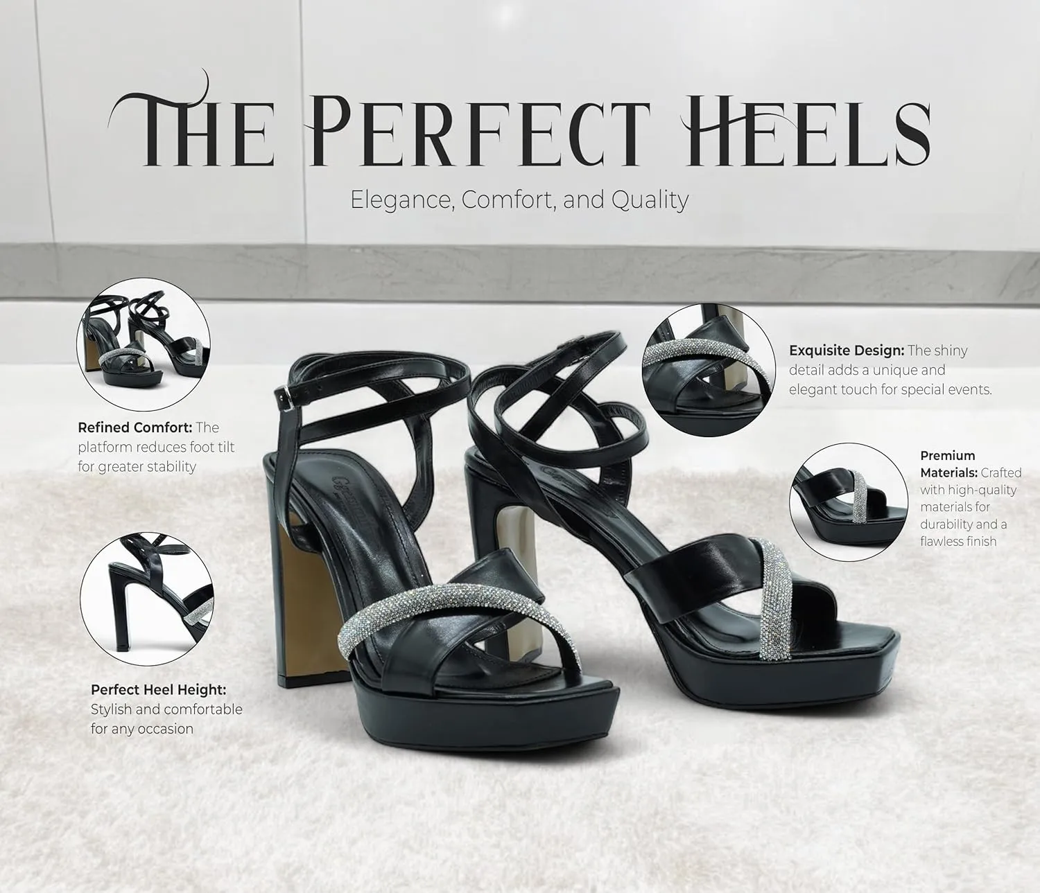 Gemmify Black High Heel Sandals for Women – Elegant Platform Party Shoes with Thick Heels – Modern Glitter Strap Design – Comfortable Wedding Shoes for Special Occasions