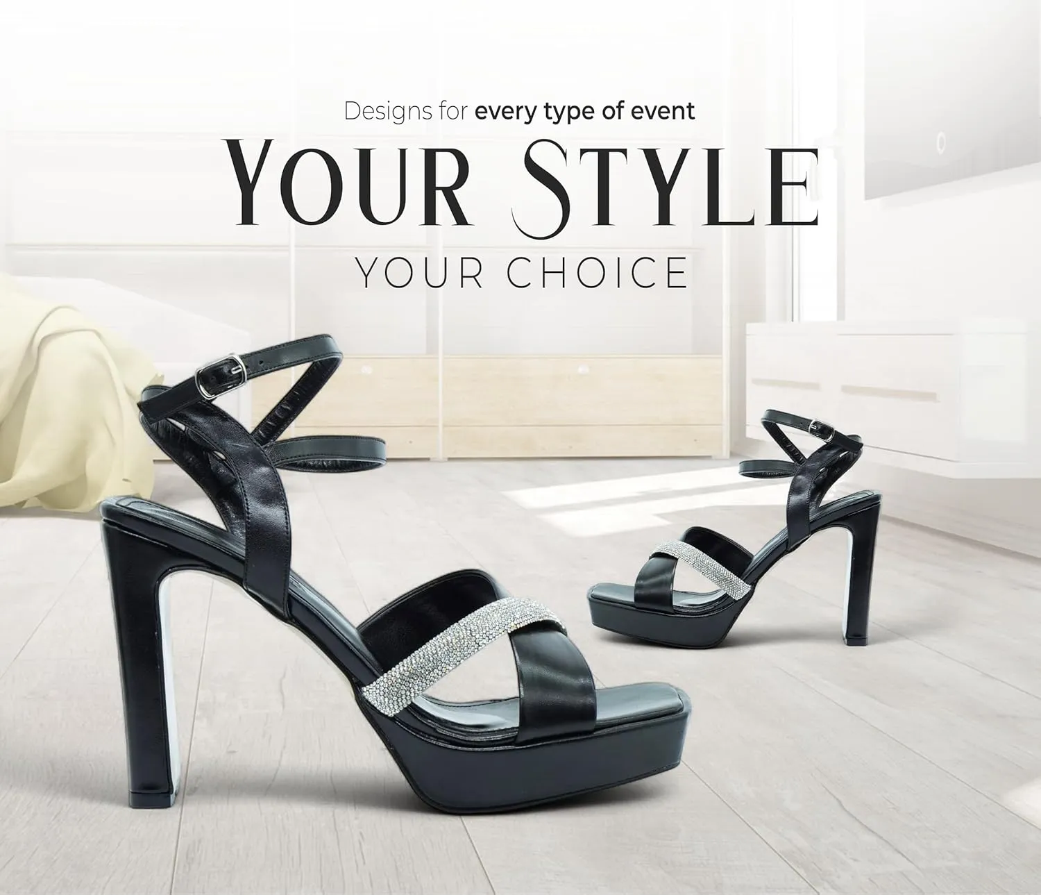 Gemmify Black High Heel Sandals for Women – Elegant Platform Party Shoes with Thick Heels – Modern Glitter Strap Design – Comfortable Wedding Shoes for Special Occasions