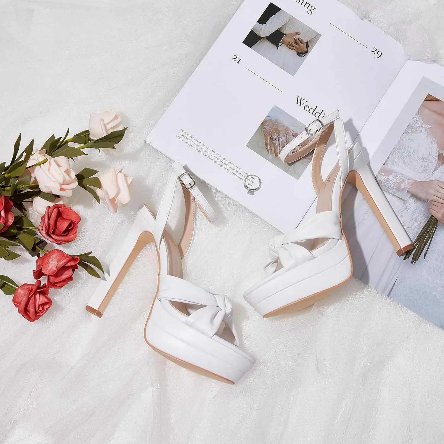 GENSHUO Bow Knot 5.5 inch Stiletto High Heels for Women Platform Open Round Toe Strappy Heeled Sandals Wedding Party Prom Shoes