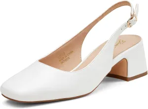 GENSHUO Women's Pumps Square Toe Slingback Low Heels Block Chunky Heel 2.36 Inch Black White Navy Blue Nude Dress Shoes for Daily Office Party