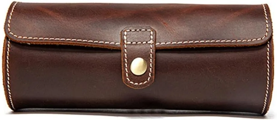 Genuine Leather Watch Case with Circular Buckle Pocket