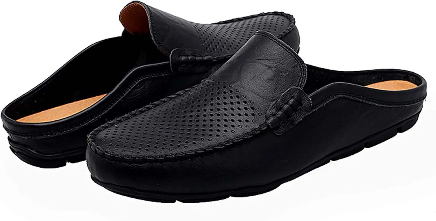 Go Tour Mens Mules Clog Slippers Breathable Punching Leather Slip on Shoes Casual Loafers