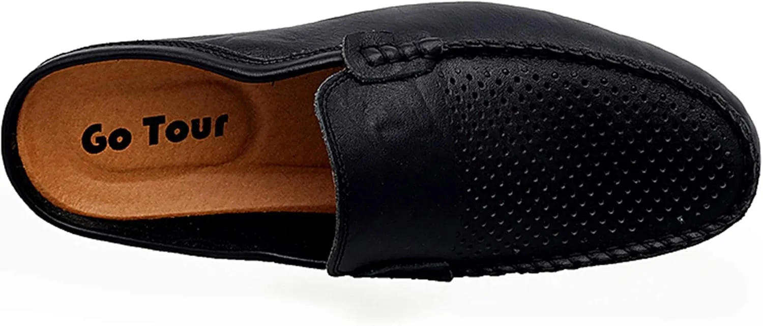 Go Tour Mens Mules Clog Slippers Breathable Punching Leather Slip on Shoes Casual Loafers