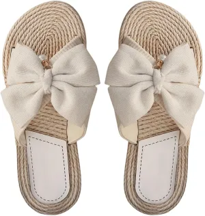 GORGLITTER Women's Bow Flat Sandals Dressy Pearls Open Toe Lightweight Vacation Slip On Slide Sandals