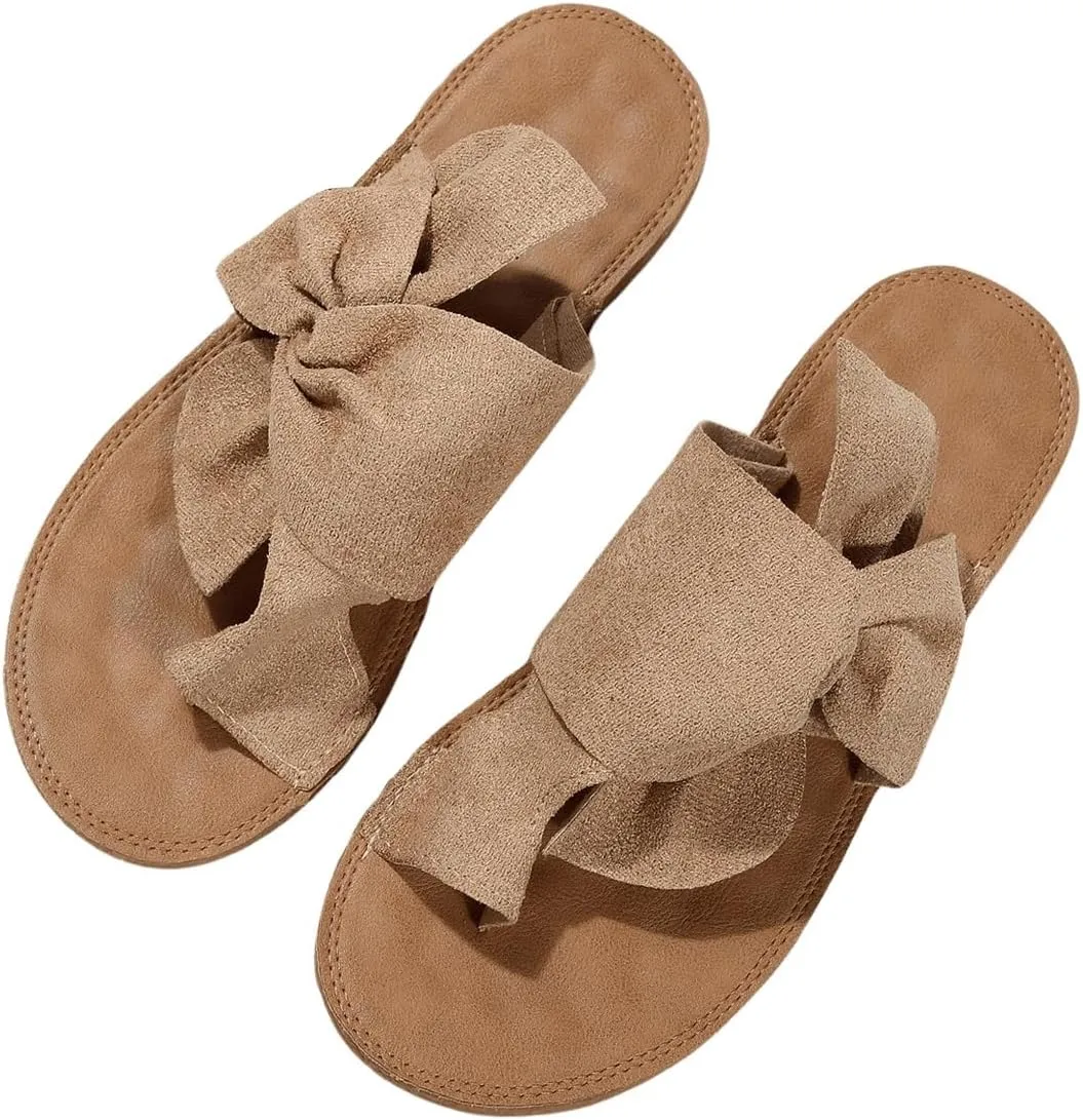 GORGLITTER Women's Bow Tie Flat Beach Sandals 2025 Vacation Open Toe Thong Sandals Summer Slides Shoes