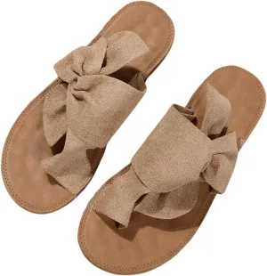 GORGLITTER Women's Bow Tie Flat Beach Sandals 2025 Vacation Open Toe Thong Sandals Summer Slides Shoes
