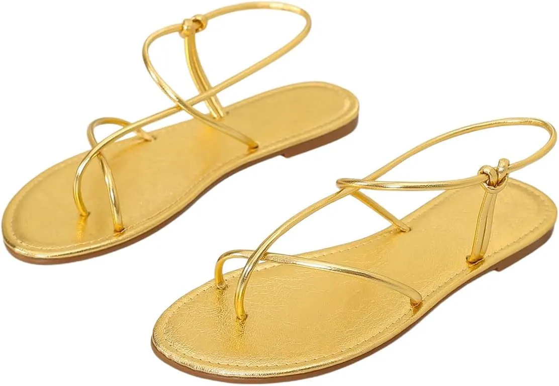 GORGLITTER Women's Metallic Strappy Flat Sandals Open Toe Dressy Summer Beach Thong Slides